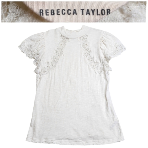 REBECCA TAYLOR Lace-trimmed wool blend Jersey Top Ivory/Milk | Coquette Girlcore - Picture 1 of 9